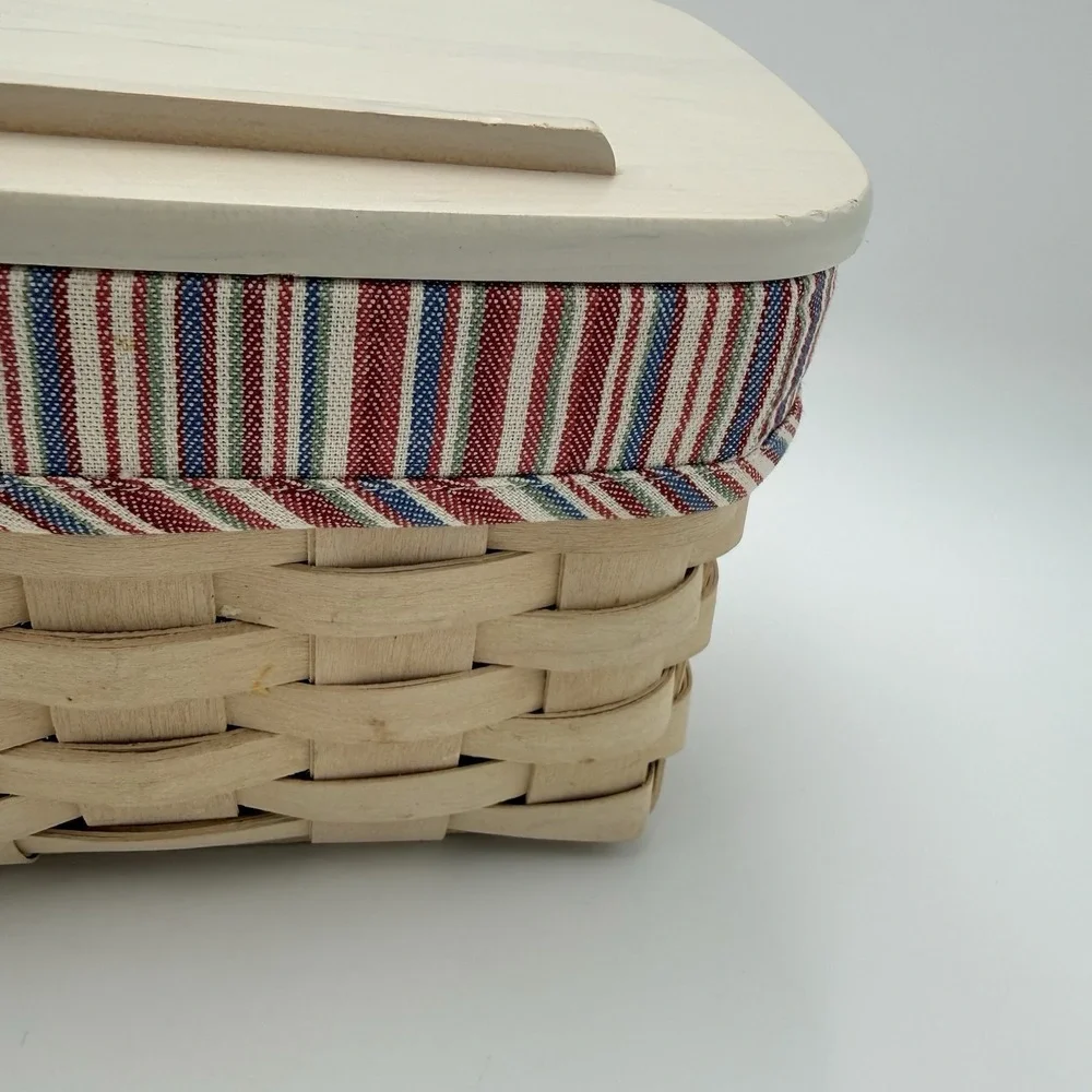 Longaberger Recipe Basket Complete Set Lid Protector Blue Red Stripe Liner USA